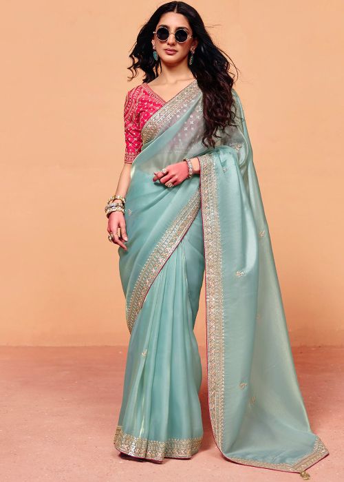 Blue Tissue Saree With Pink Silk Blouse