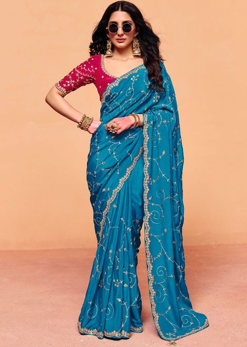 Blue Silk Saree With Contrast Blouse