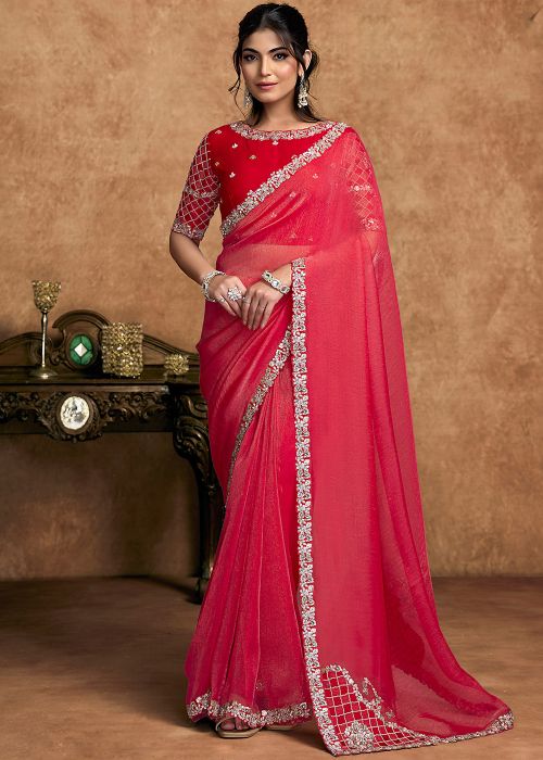 Pink Organza Saree With Embroidered Sleeve Blouse