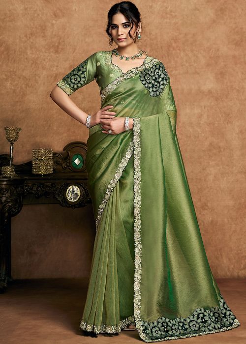 Green Organza Saree With Applique Border Blouse