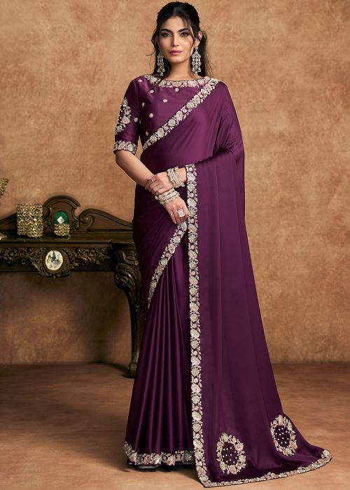 Purple Satin Saree With Floral Border Blouse