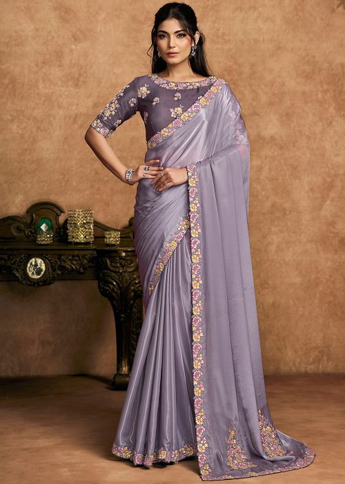 Lavender Crape Saree With Floral Embroidered Blouse