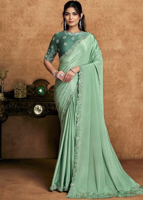 Green Crape Saree With Floral Blouse