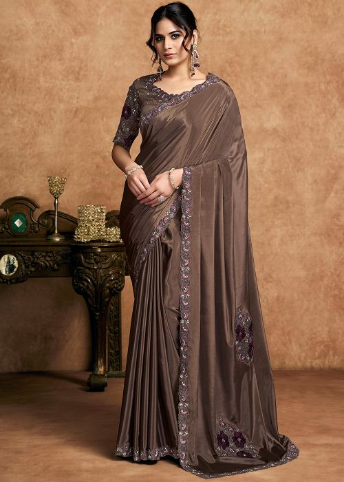 Brown Satin Saree With Floral Stone Embroidery