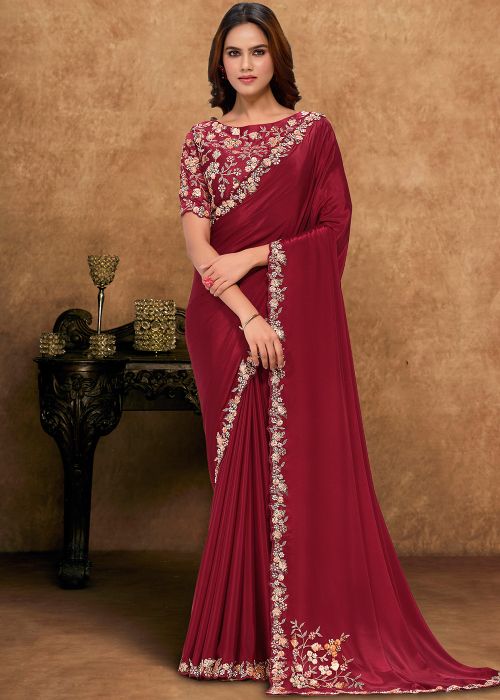 Maroon Crape Saree With Floral Handwork Blouse