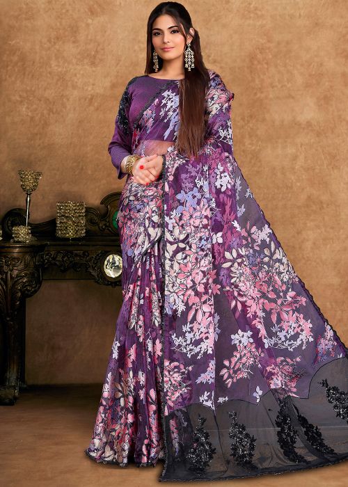Purple Organza Saree With Printed Floral Drape