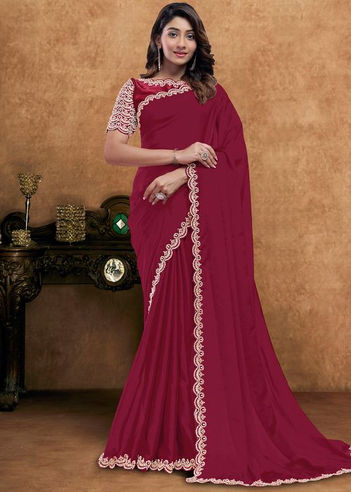 Wine Crape Saree With Sequin Border