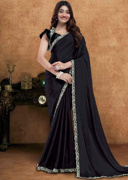 Black Crape Saree With Floral Border