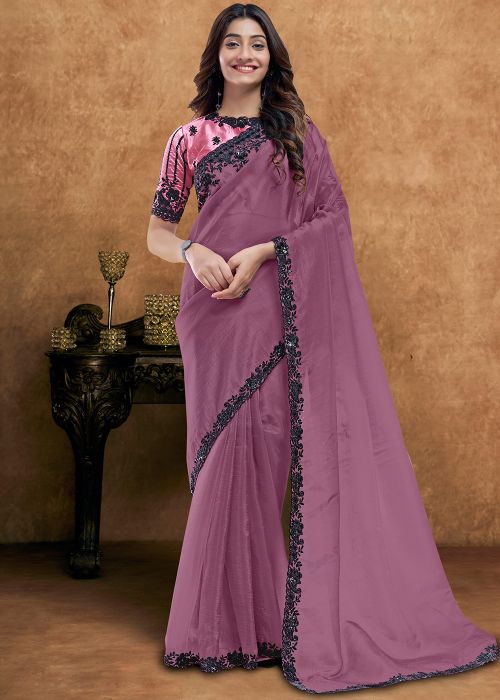 Mauve Purple Satin Saree With Black Border