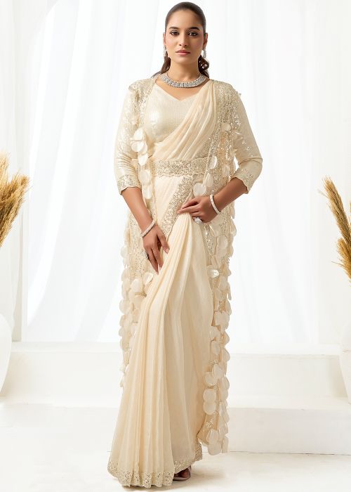 Cream Pre-Stitched Satin Saree With Applique Jacket