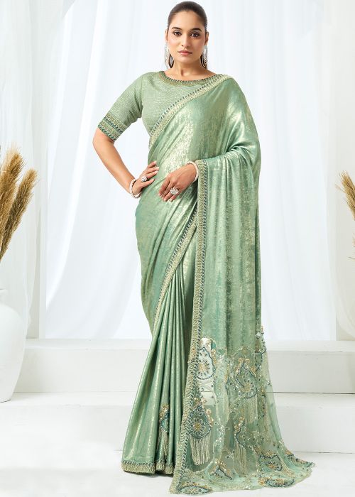Green Satin Saree With Handwork Pallu