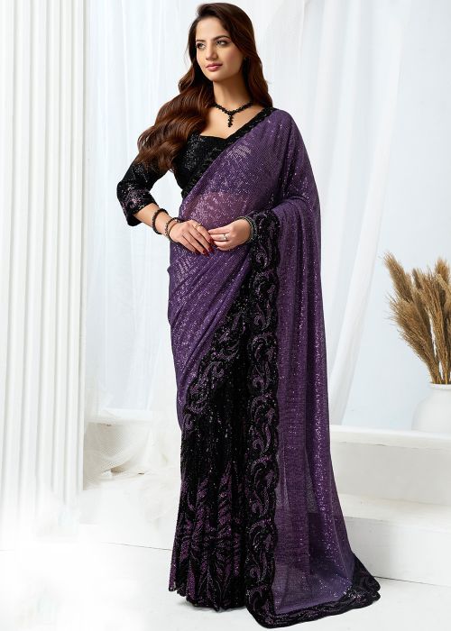 Purple Net Saree With Sequin Embellishment