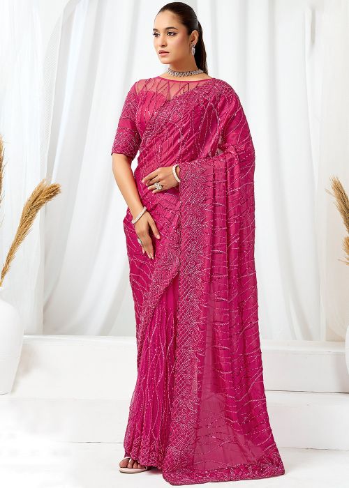Rani Pink Net Saree With Beaded Detailing