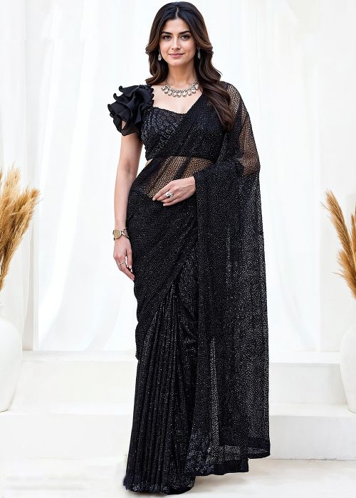 Black Net Saree With Handwork Blouse