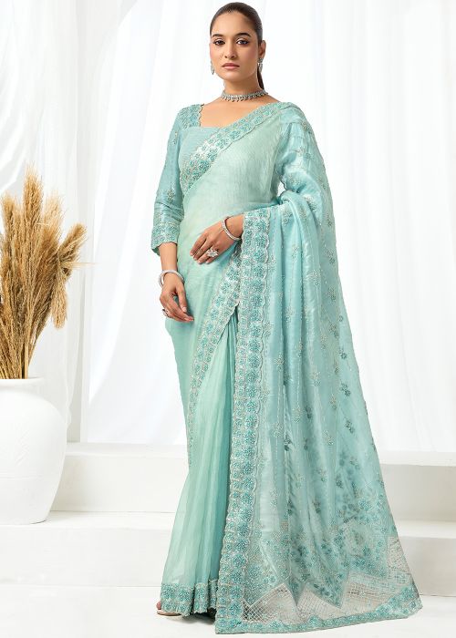 Ice Blue Satin Saree With Beaded Work
