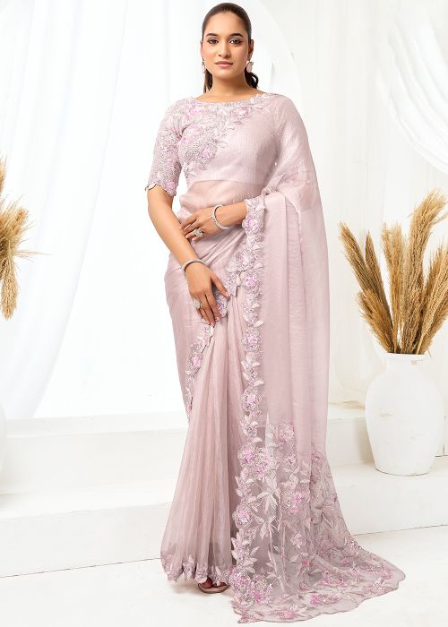 Blush ink Satin Saree With Sequin Floral Work
