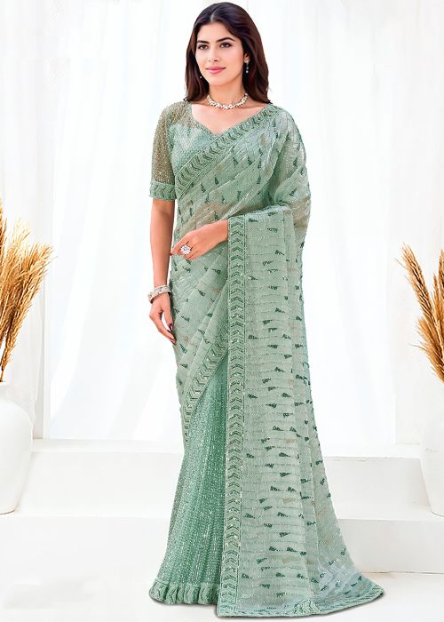Mint Green Tissue Saree With Beads Work