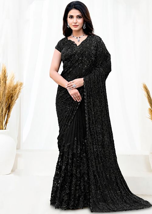 Black Net Saree With Beaded Handwork