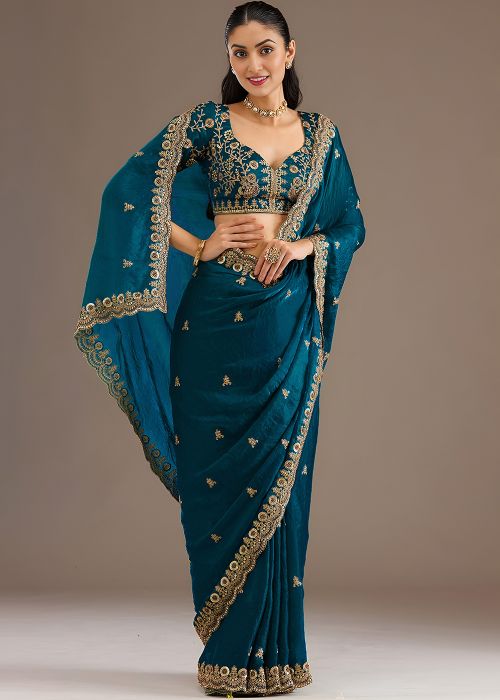 Blue Tissue Saree With Beaded Border