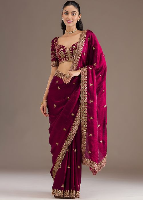 Wine Tissue Saree With Zari Border