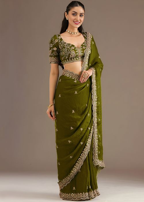 Green Tissue Saree With Embroidered Border