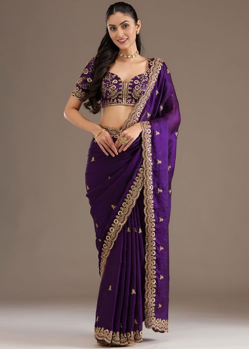 Purple Tissue Saree With Embroidery Work