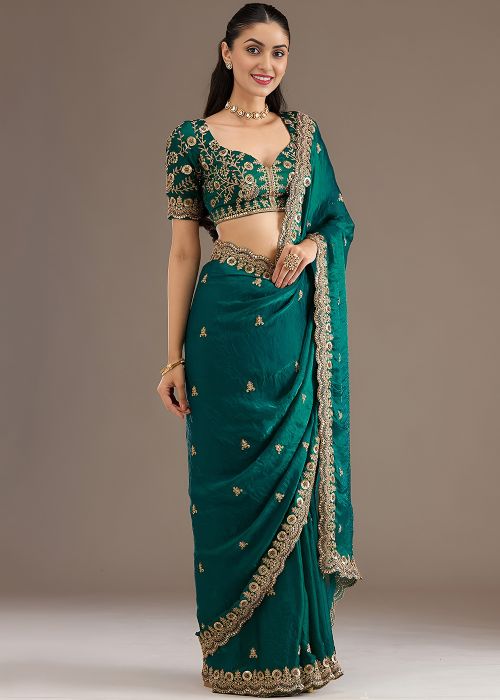 Teal Green Tissue Saree With Zari Border