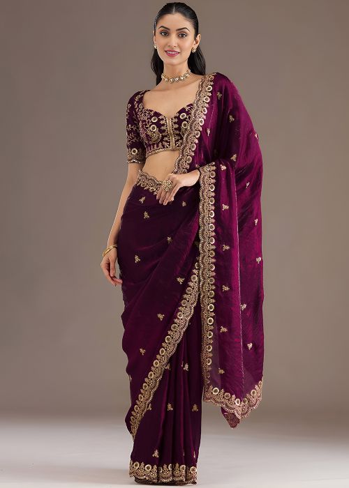 Wine Tissue Saree With Zari Border