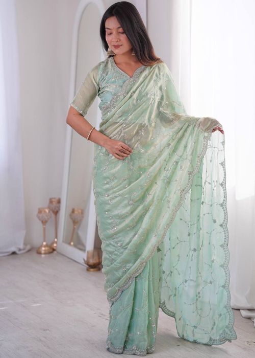 Pastel Green Art Silk Saree With Floral Bead Work