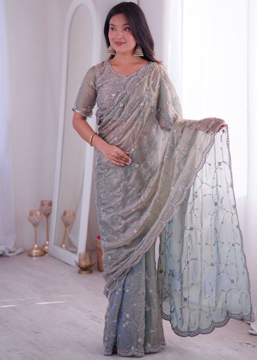 Grey Art Silk Saree With Scalloped Embroidery