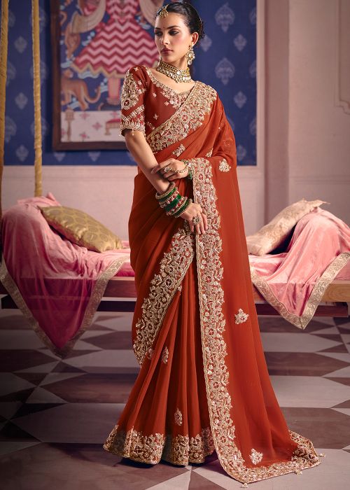 Rust Orange Viscose Saree With Floral Border