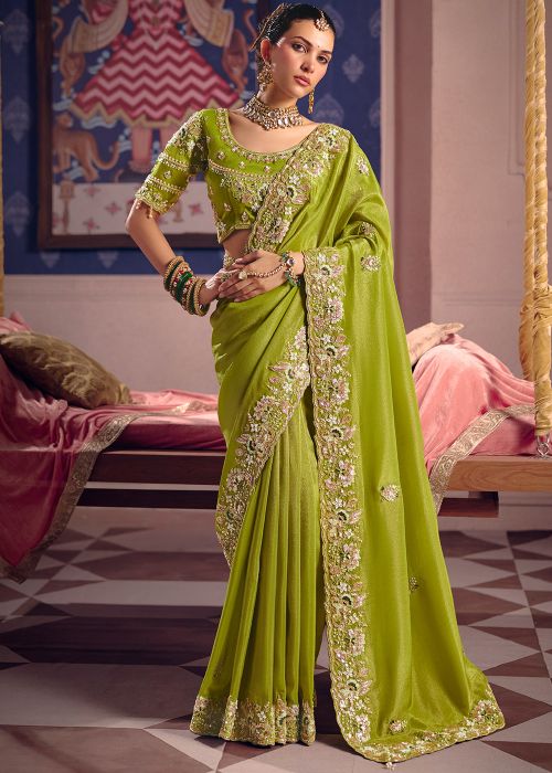 Green Saree With Floral Sequin Border