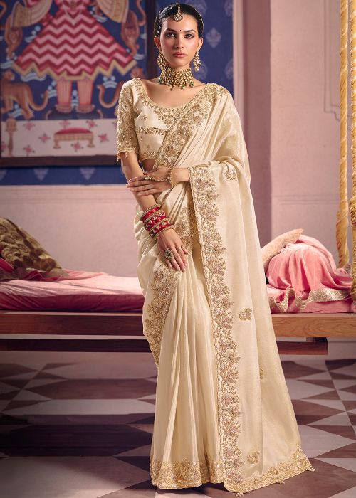 Cream Viscose Saree With Gold Embroidery