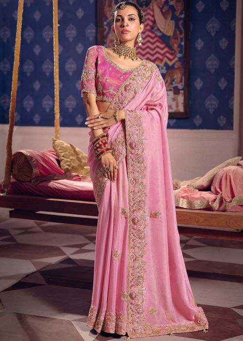 Pink Viscose Saree With Ornate Embroidery