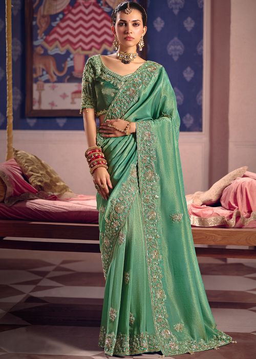 Sea Green Saree With Dori Floral Border
