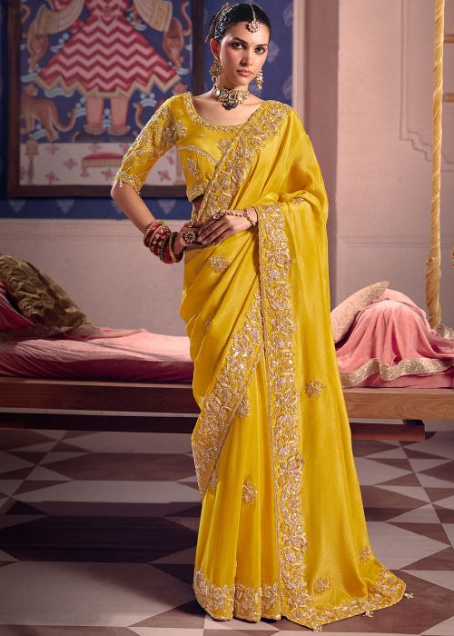 Yellow Viscose Saree With Embellished Border