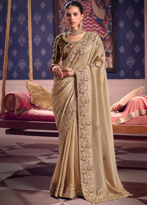 Beige Viscose Saree With Ornate Border Work
