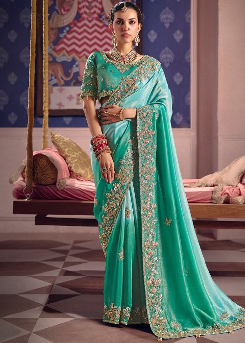 Tuquoise Viscose Saree With Beaded Border