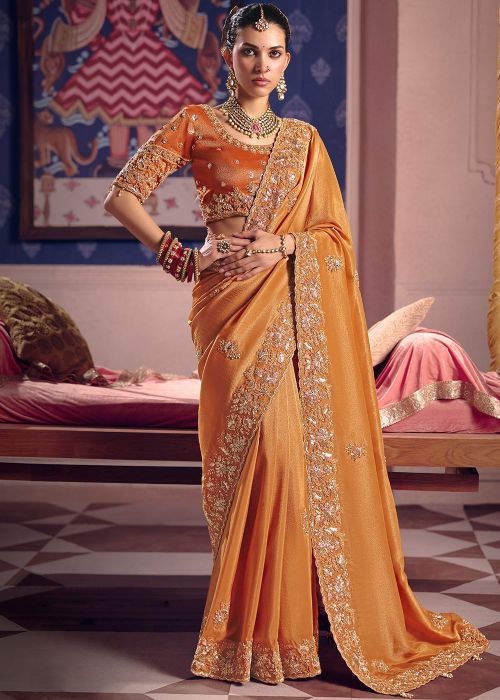 Orange Viscose Saree With Gold Floral Work