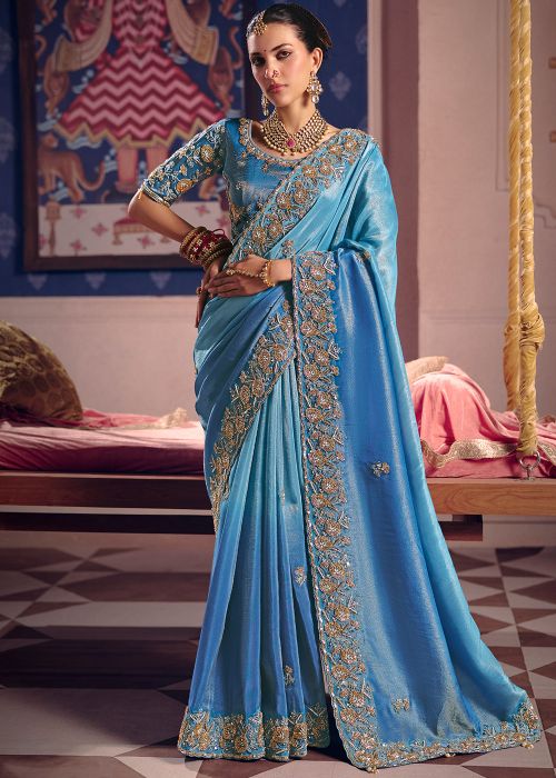 Blue Viscose Saree With Floral Embroidery