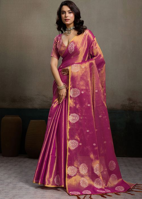 Magenta Tissue Saree With Zari Woven Motifs