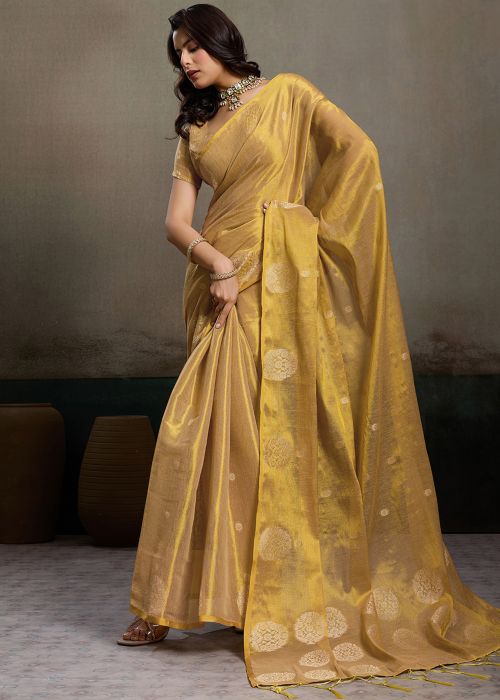 Golden Tissue Saree With Subtle Zari Weave