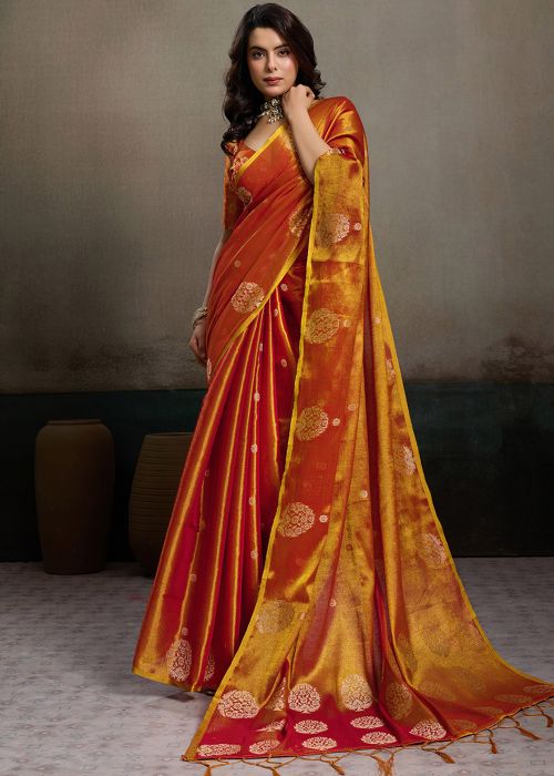 Orange Tissue Saree With Gold Zari Weave