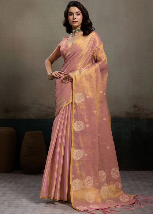 Pink Tissue Saree With Zari Woven Motifs