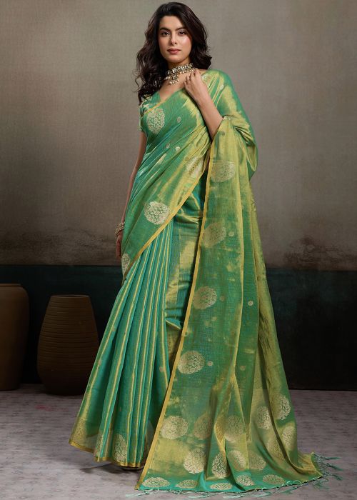 Green Tissue Saree With Zari Woven Work