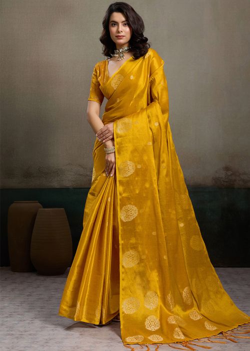 Mustard Yellow Tissue Saree With Zari Woven