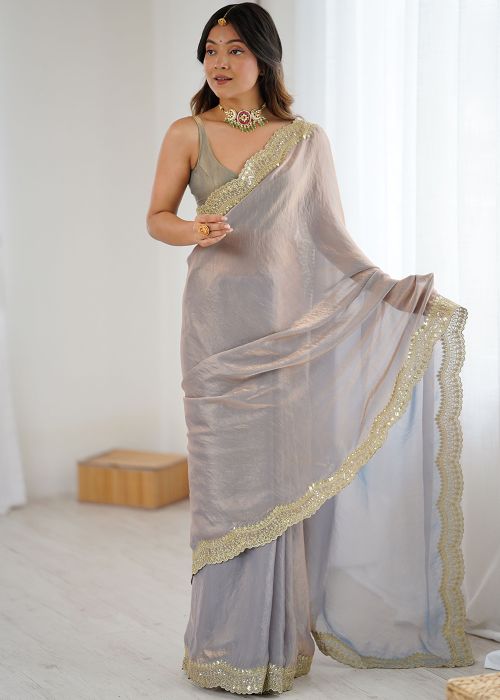 Dual Tone Beige Satin Saree With Border Work