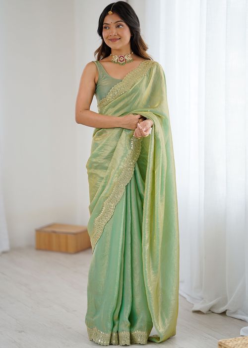 Green Satin Saree With Embroidered Border