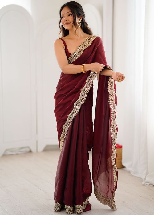 Maroon Satin Saree With Zari Scalloped Work