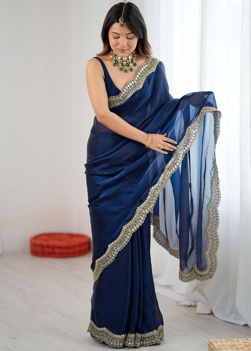 Navy Blue Satin Saree With Zari Border